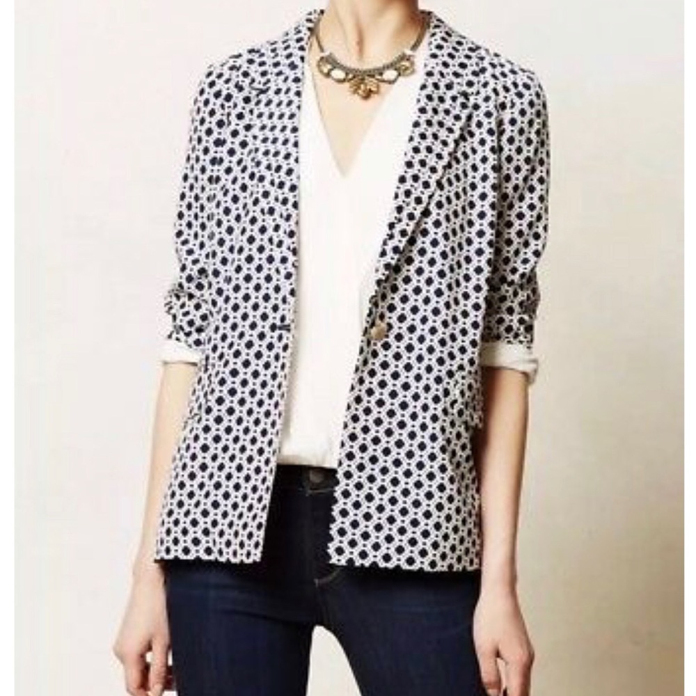 Anthropologie Blue Patterned Silk Blazer